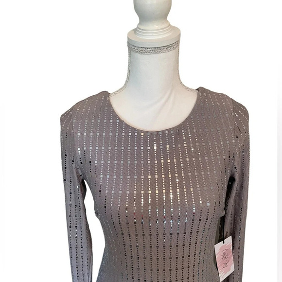 Crystal Sky Gray Metallic Style Long Sleeve Open Back Dress Women’s Small NWT - Picture 5 of 16